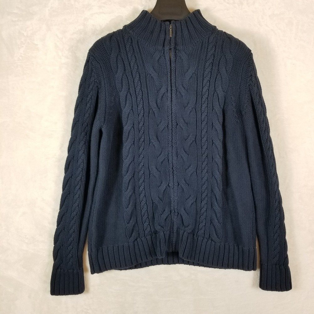 L.L. Bean Cardigan‎ Women XL Navy Blue Full Zip Cable Knit Cotton 517893
